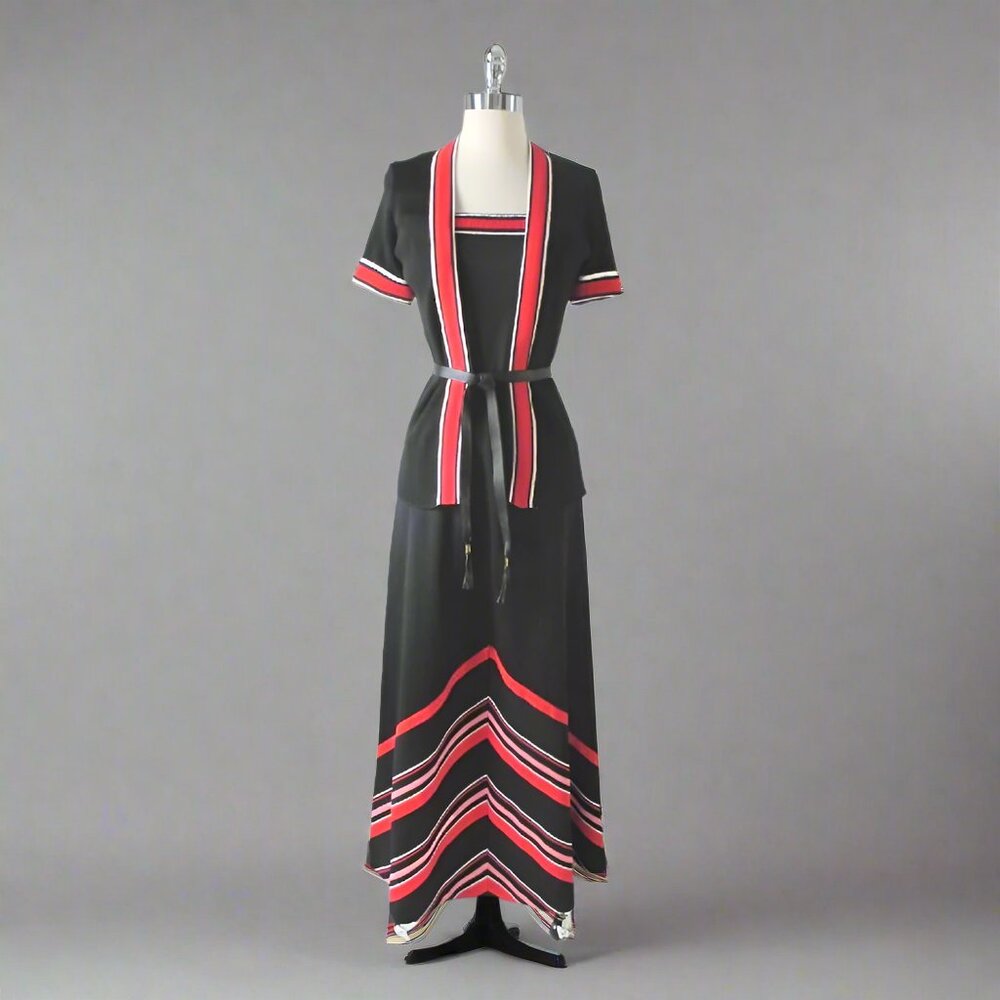 Vintage 70s Chevron Stripe Knit Two Piece Dress & Cardigan Set M
